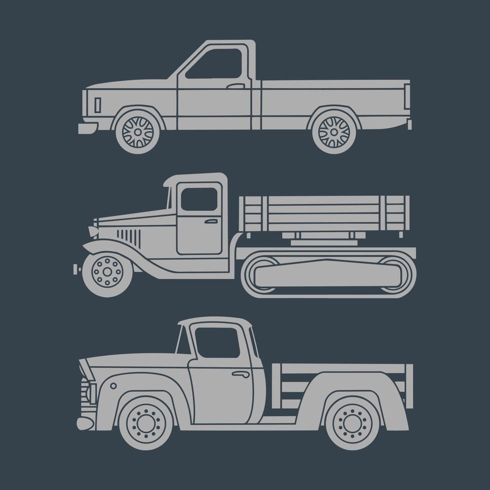 ensemble de camions vintage. icônes simples sur fond sombre. illustration vectorielle vecteur