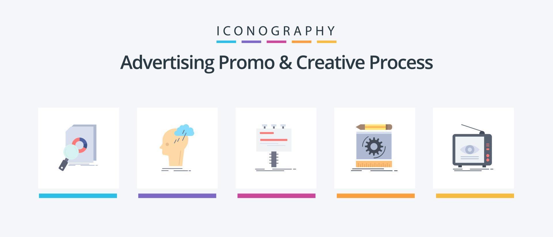 promotion publicitaire et pack d'icônes plat 5 de processus créatif, y compris le processus. ébauche. idée. promo. La publicité. conception d'icônes créatives vecteur