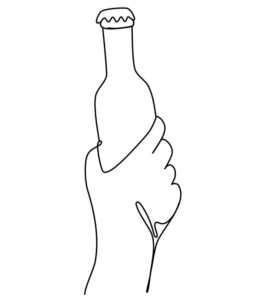main tenant une bouteille de bière. artisanat boire de l'alcool dans un style linéaire simple pour le concept de bar et de pub pour le menu. équipement de la fête de la bière. dessin continu d'une ligne de verre à bière avec de la mousse. vecteur