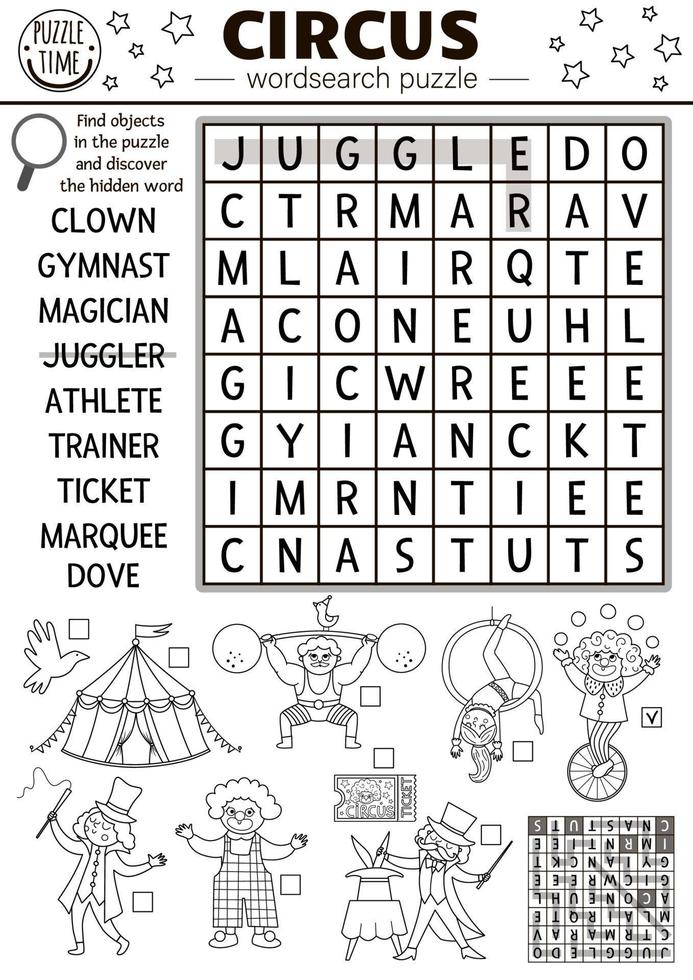 puzzle de recherche de mots de cirque de vecteur pour les enfants. mots croisés simples d'amusement en noir et blanc avec des artistes amusants pour les enfants. activité en ligne avec clown, chapiteau. coloriage mot croisé