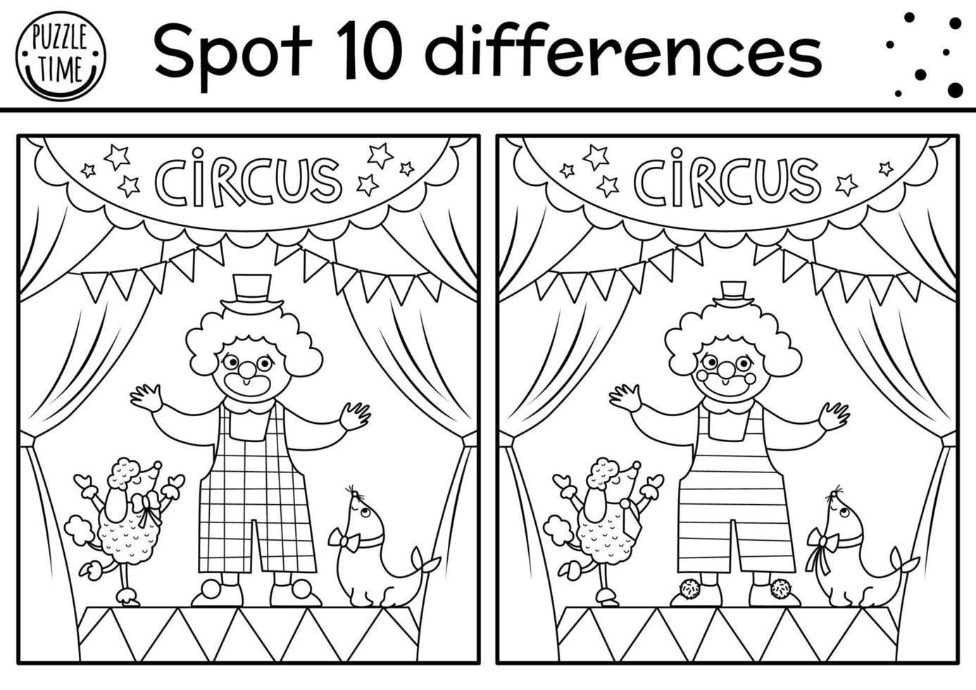 cirque noir et blanc trouver le jeu des différences. activité éducative avec un clown mignon, des animaux sur scène. puzzle de ligne de spectacle d'amusement pour les enfants avec un artiste drôle. coloriage imprimable du festival vecteur