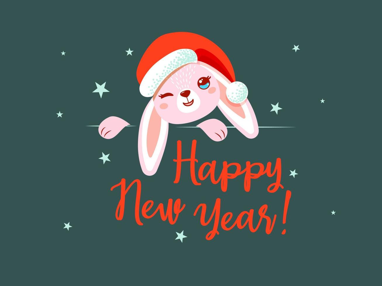 mignon lapin rose dans un chapeau rouge du nouvel an avec un pompon. lettrage bonne année. vecteur