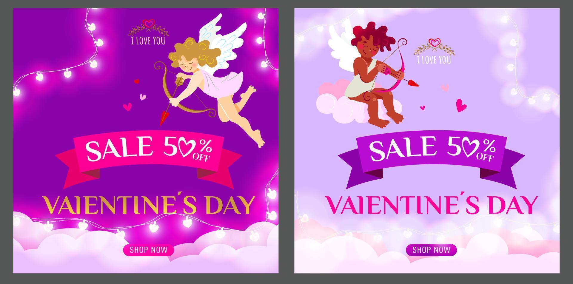 affiche ou bannière de vente de la saint-valentin avec 50 de réduction, adorables cupidons et guirlande lumineuse sur fond violet foncé et lilas. vecteur