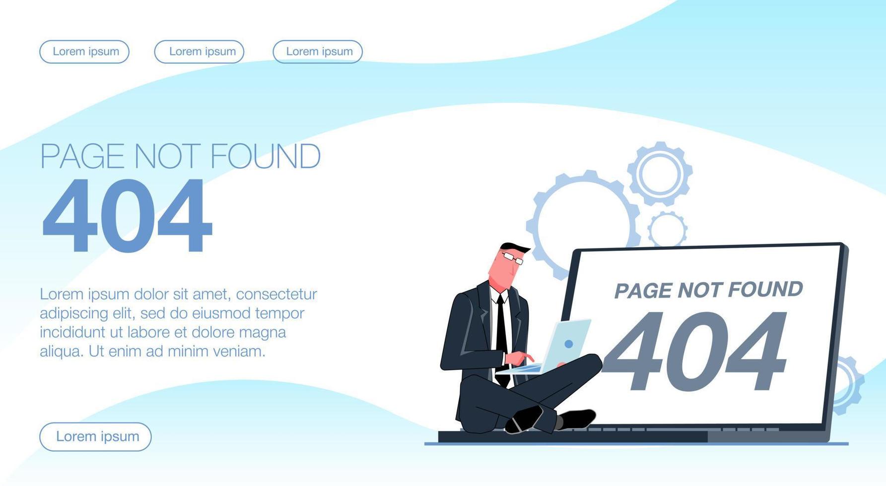 une erreur 404 introuvable. homme d'affaires travaillant sur un ordinateur portable, il a obtenu une erreur 404. illustration vectorielle plane. vecteur