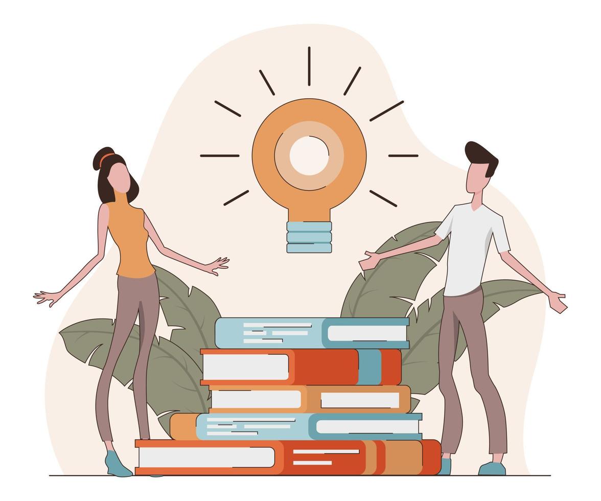 idée de connaissance. un homme et une femme debout près d'une pile de livres avec une ampoule au-dessus d'eux vecteur