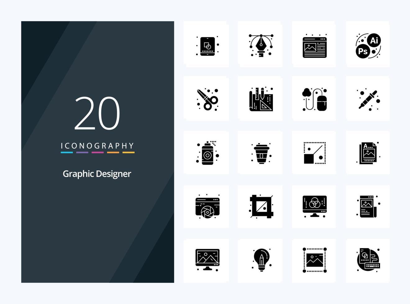 20 icône de glyphe solide de graphiste pour la présentation vecteur
