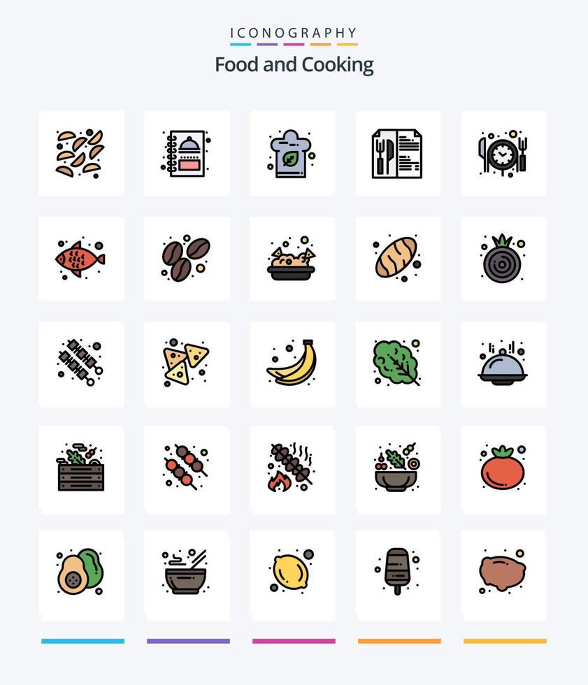pack d'icônes remplies de 25 lignes de nourriture créative telles que le poisson. réservation. nourriture. nourriture. menu vecteur