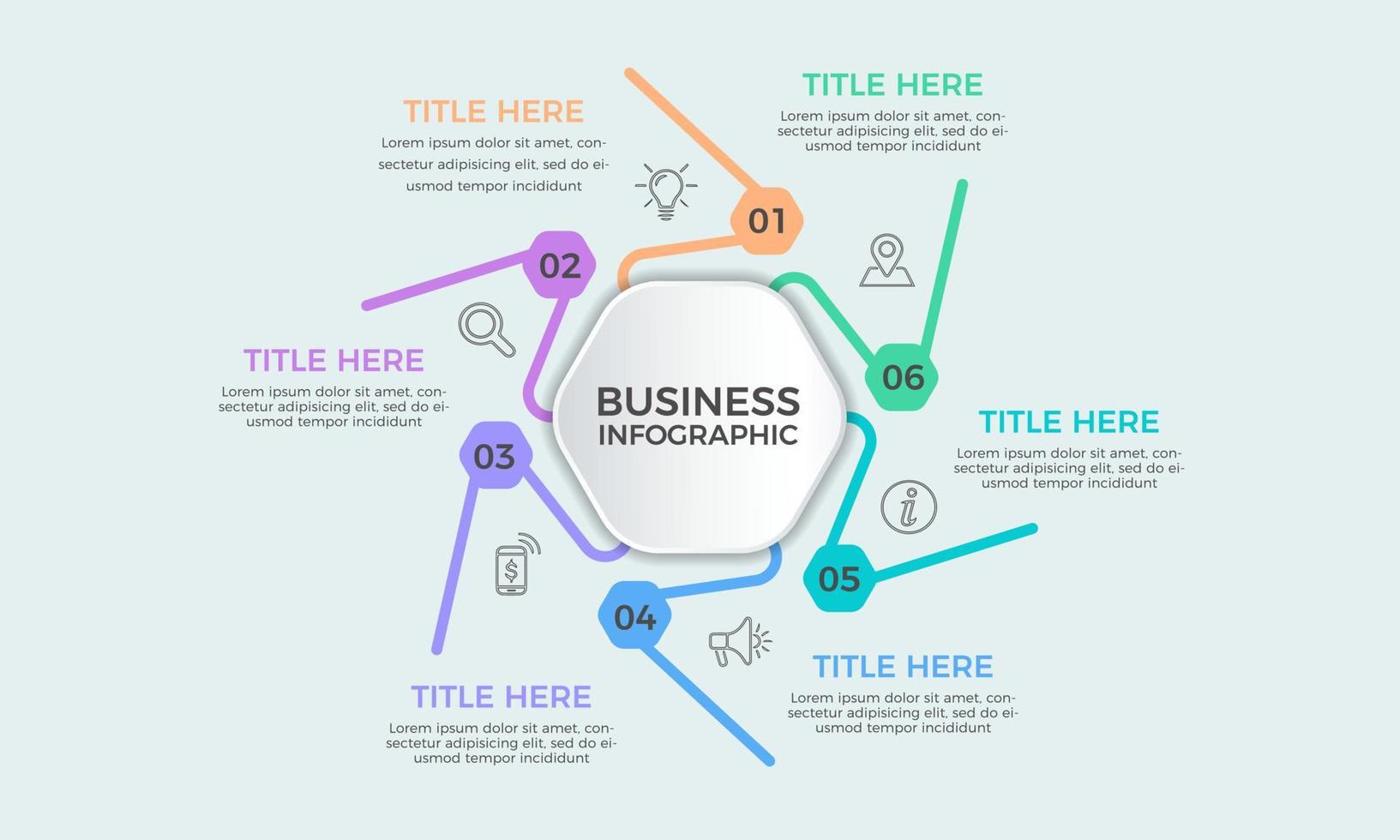 modèle de conception de présentation infographique simple, concept de vecteur de 6 étapes de conception infographique de développement commercial