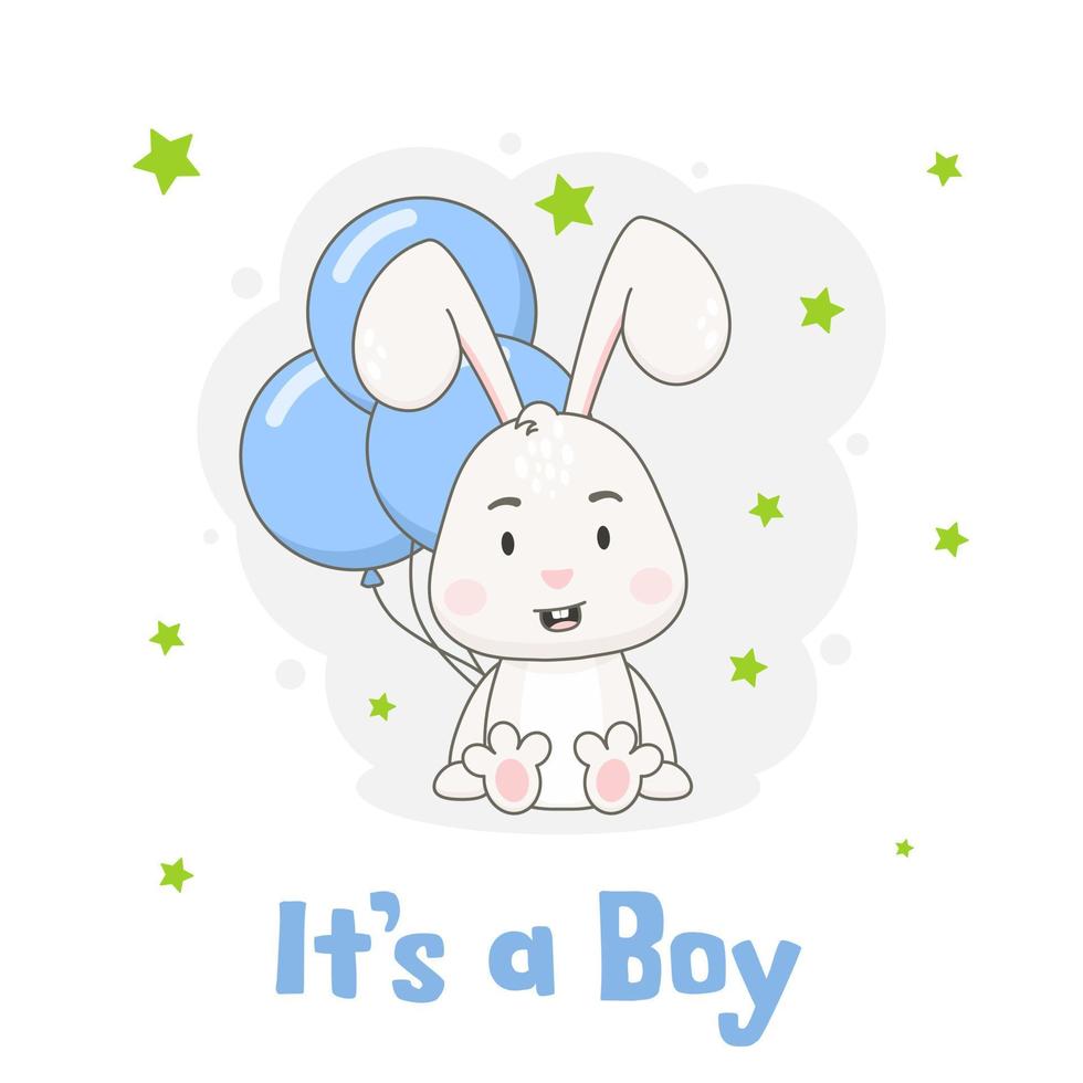 c'est un garçon. personnage de lapin mignon avec des ballons bleus isolés sur fond blanc. vecteur