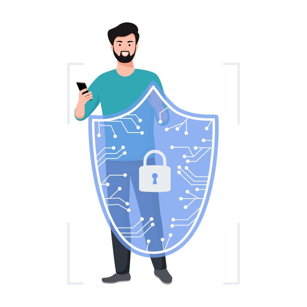 concept de cybersécurité et de confidentialité de la cybersécurité. homme tenant un bouclier de protection en ligne comme symbole de défense et de sécurité. personne qui défend et protège les données. illustration vectorielle. vecteur