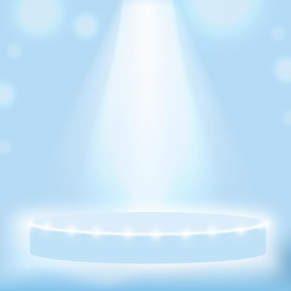 podium sur pied avec lampe néon éclairante. scène de piédestal avec pour produit, publicité, spectacle. illustration vectorielle sur fond neigeux. vecteur