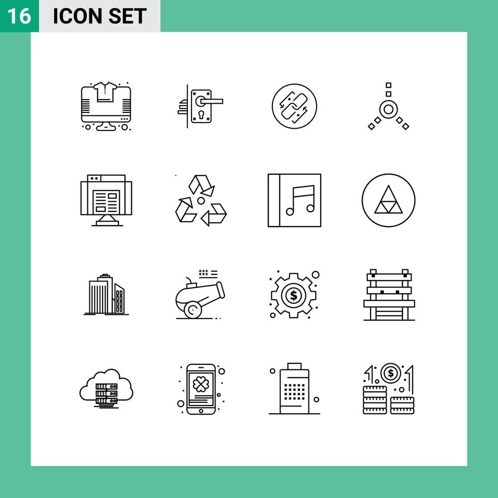 16 signes de contour universels symboles du navigateur feu ware connexion à la maison connexion éléments de conception vectoriels modifiables vecteur