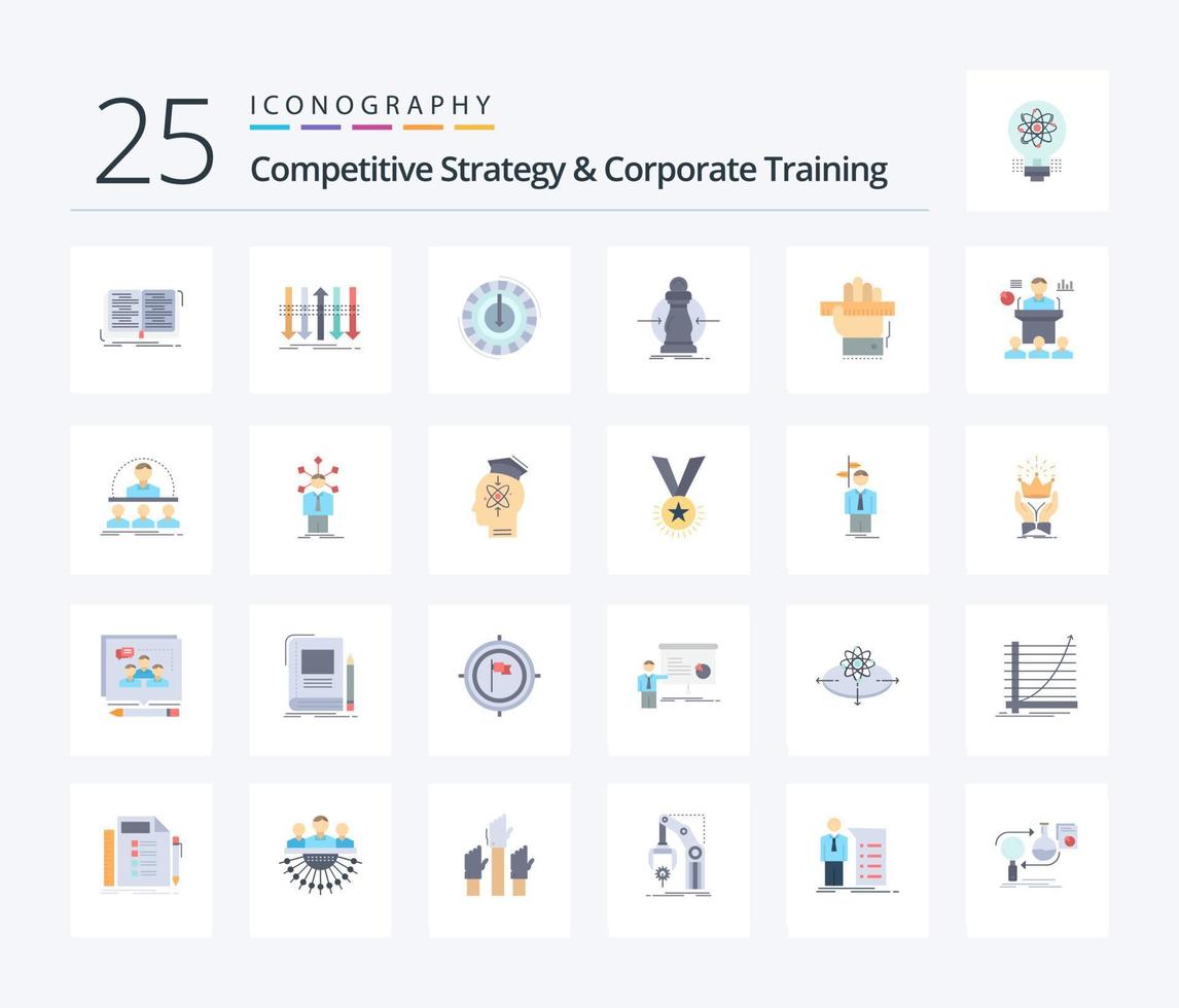 stratégie concurrentielle et formation en entreprise pack de 25 icônes de couleur plate, y compris l'apprentissage. main. individualité. éducation. plus bas vecteur