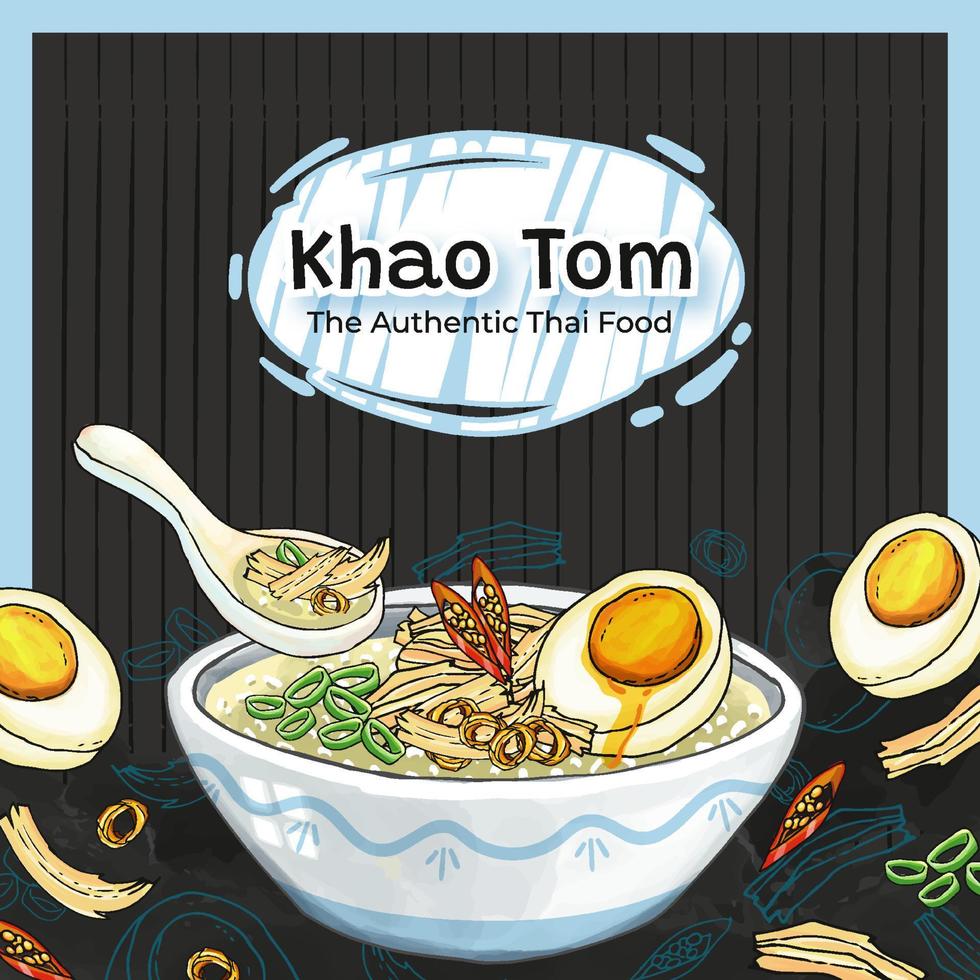 khao tom dessiné à la main le fond authentique de la cuisine thaïlandaise vecteur
