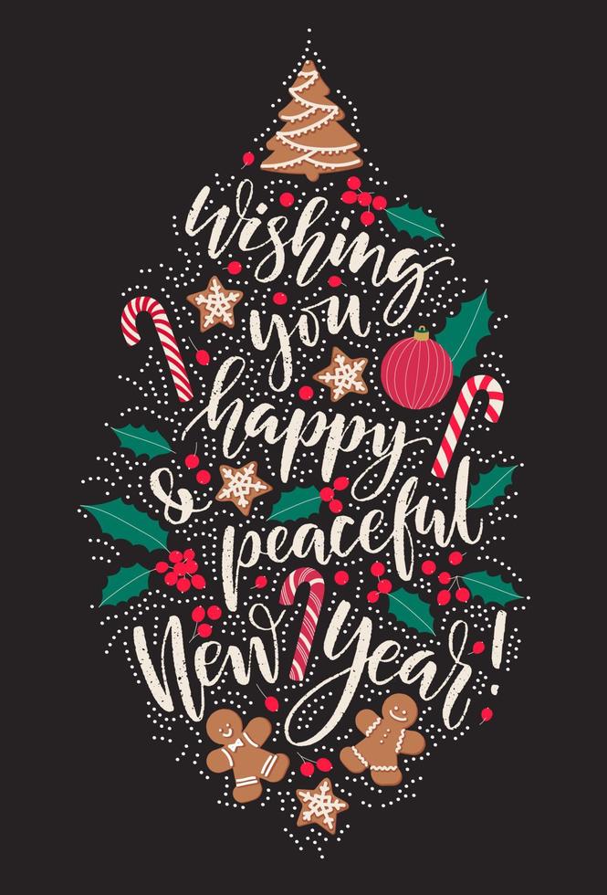vous souhaitant une carte de voeux heureuse et paisible pour le nouvel an. conception de voeux de nouvel an de couleur sombre verticale de vecteur avec du pain d'épice, des cannes de bonbon et des baies de houx.