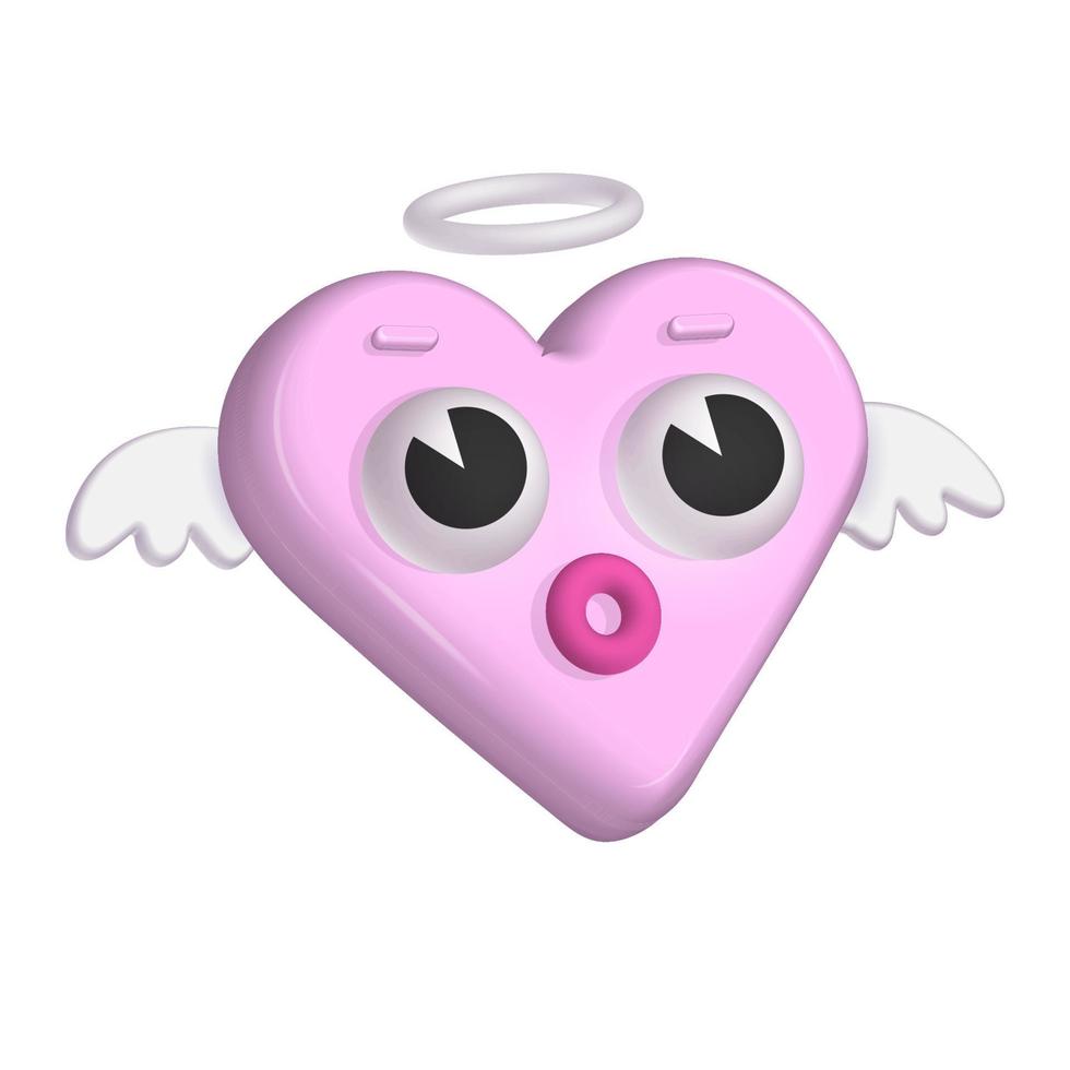 étrange coeur rose drôle avec halo et ailes dans un style de rendu 3d. personnage réaliste de dessin animé rétro. illustration vectorielle 3d à la mode. élément de conception créative simple isolé. art conceptuel moderne de la Saint-Valentin. vecteur