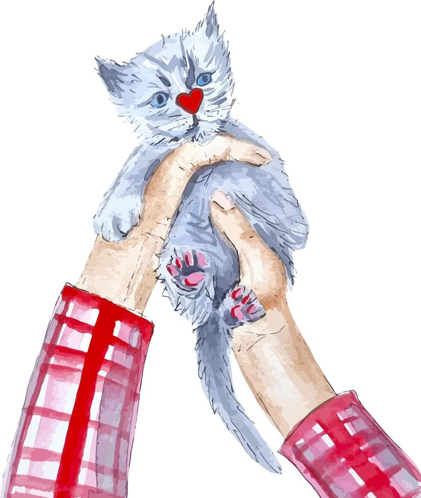 tenant un petit chaton dans les mains illustration aquarelle mignonne carte cadeau d'amour vecteur
