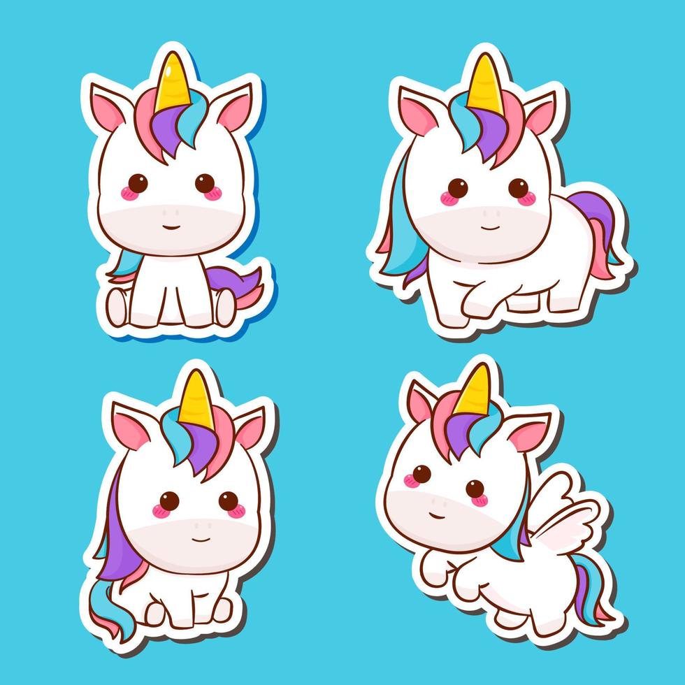 définir un joli autocollant de licorne. jolie collection de personnages de dessins animés de licorne kawaii. style de dessin animé plat. conception de concept animalier. illustration de l'art vectoriel. vecteur