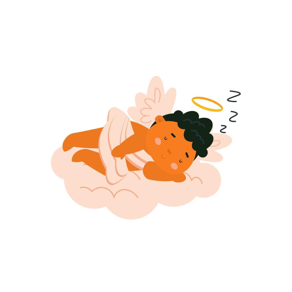 mignon bébé cupidon dormant dans les nuages. personnage de bébé ange isolé sur fond blanc. illustration vectorielle pour st. carte de saint valentin, impression, conception de produits pour enfants. vecteur