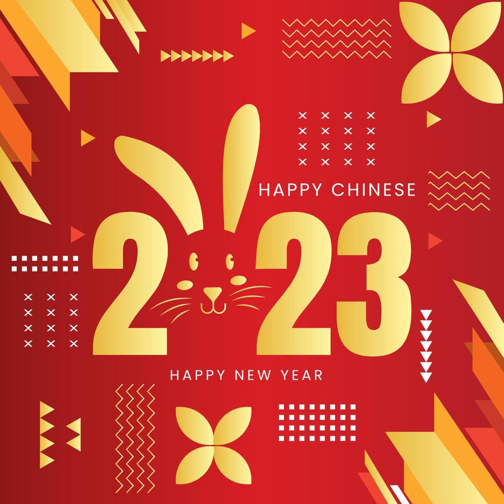 joyeux nouvel an chinois 2023, chiffres d'or sur fond rouge et ornement géométrique. calendrier chinois pour l'année du lapin 2023 lapin, géométrique moderne de style rétro vecteur