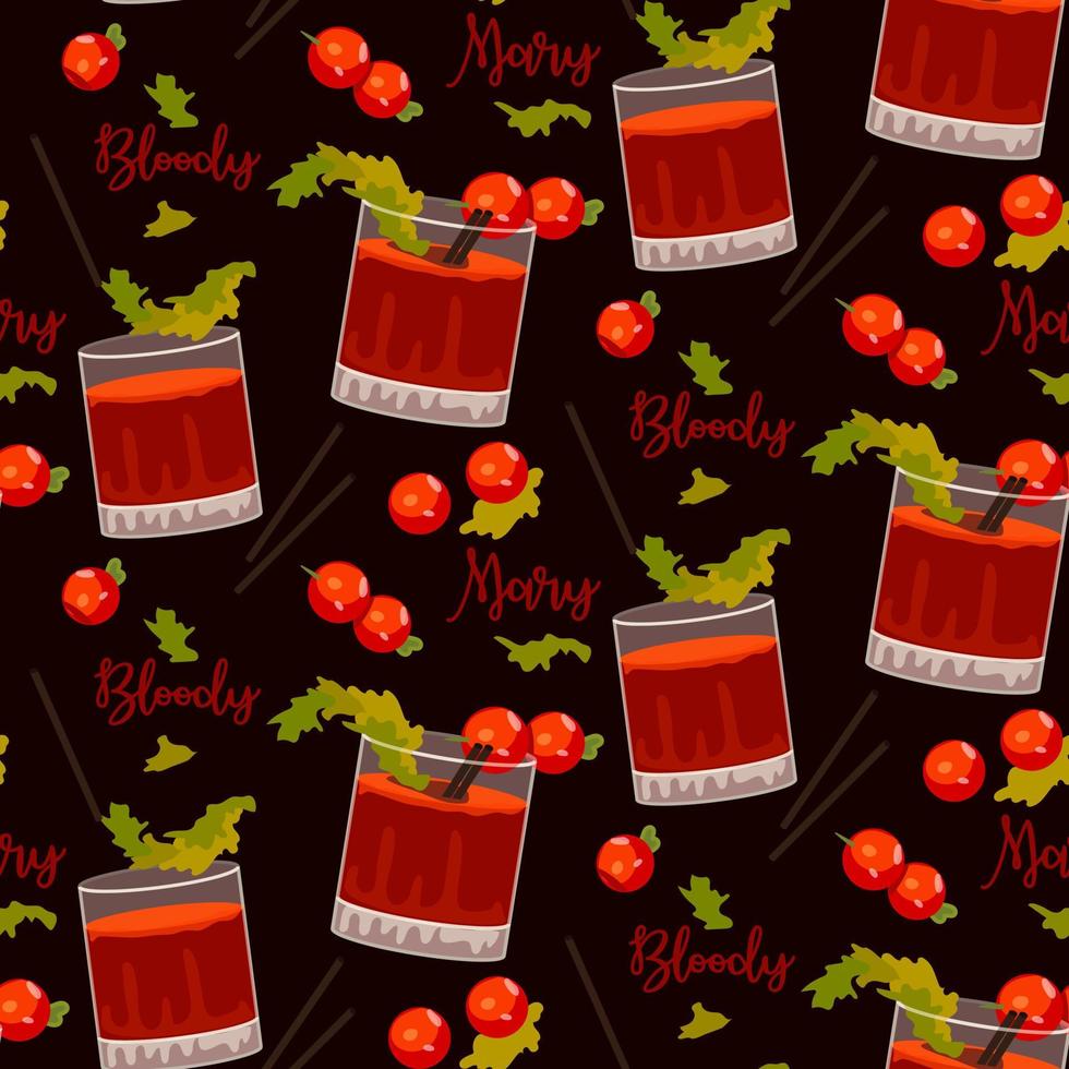 un motif de plusieurs verres avec Bloody Mary le jour de la Saint-Valentin. verres en verre avec des tomates sur une brochette. arrière-plan pour l'impression sur textiles et papier. emballage festif. illustration vectorielle. vecteur