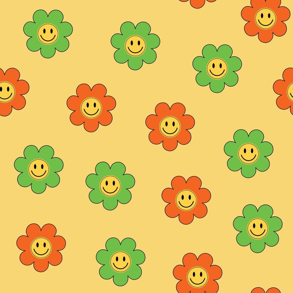 modèle sans couture style rétro y2k coloré avec des fleurs souriantes aux couleurs vertes et orange. vecteur