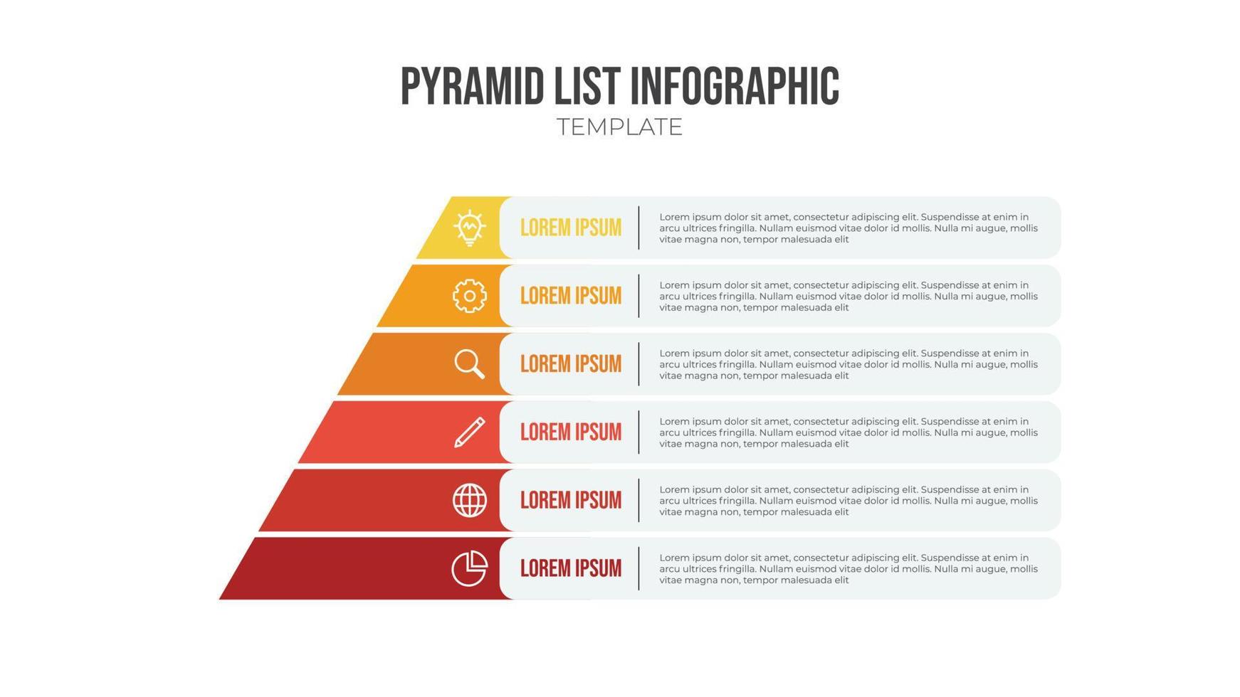 vecteur d'élément infographique de liste de pyramide, modèle de mise en page de 6 listes avec icônes. à utiliser pour afficher des relations proportionnelles, interconnectées ou hiérarchiques.