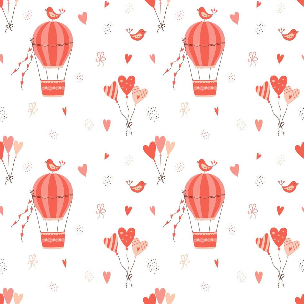 modèle sans couture de la saint-valentin avec ballon à air chaud volant, oiseaux, coeurs. illustration vectorielle de couleur sur fond blanc. parfait pour le papier d'emballage, les textiles pour bébés vecteur