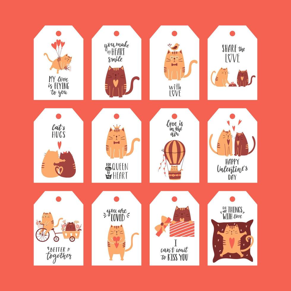 un ensemble d'étiquettes-cadeaux avec de jolis chats de dessin animé pour la saint-valentin. collection d'étiquettes présentes avec illustrations et salutations manuscrites et souhaits illustrations vectorielles en couleur sur fond blanc. vecteur