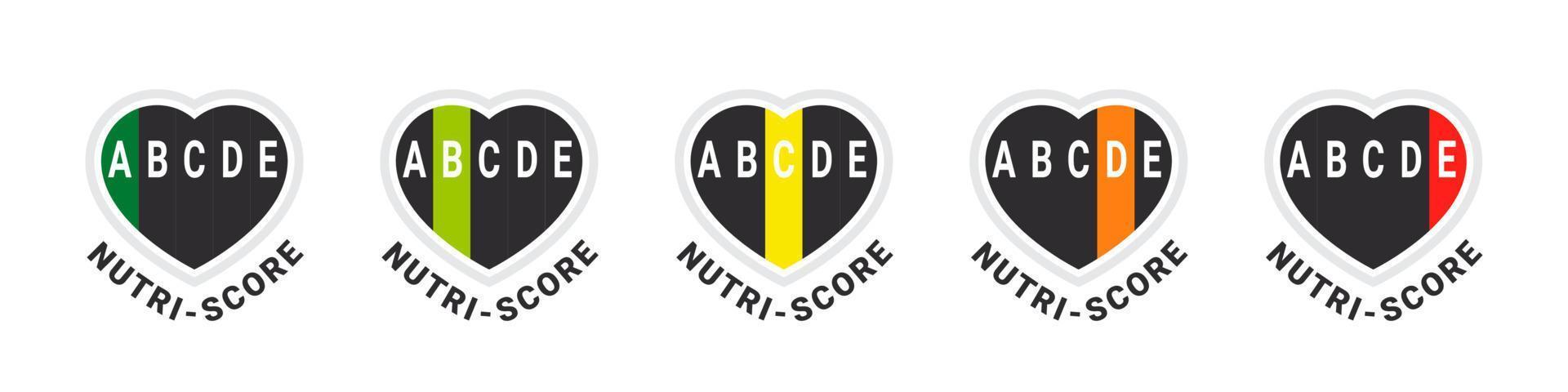 coeurs nutri-score. signes du système de notation des aliments. indicateur nutritionnel des soins de santé. autocollants nutri-score. illustration vectorielle vecteur