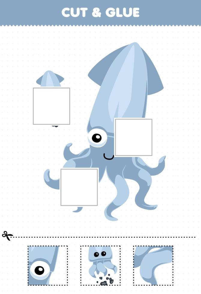 jeu éducatif pour les enfants couper et coller des parties découpées de calamars de dessin animé mignon et les coller feuille de travail sous-marine imprimable vecteur