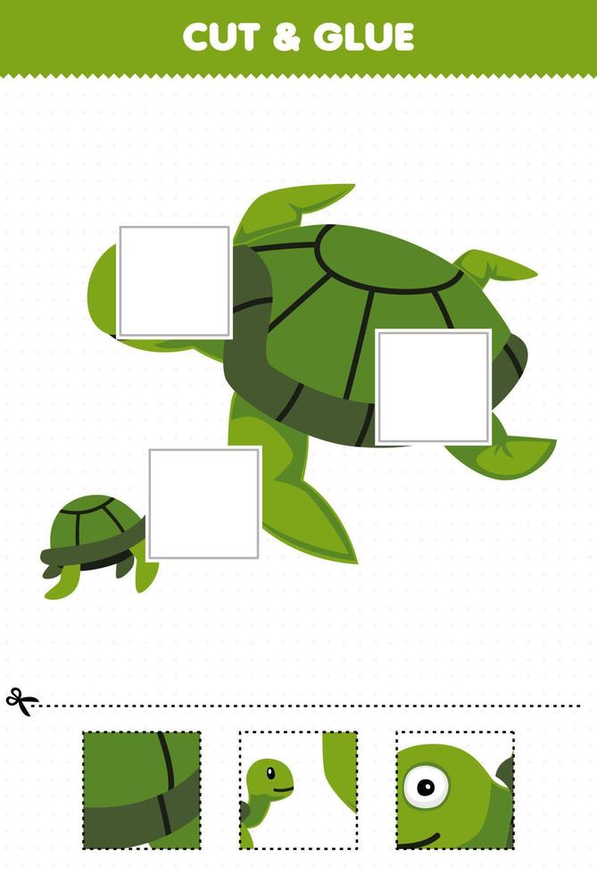 jeu éducatif pour les enfants couper et coller des parties découpées d'une jolie tortue de dessin animé et les coller feuille de travail sous-marine imprimable vecteur