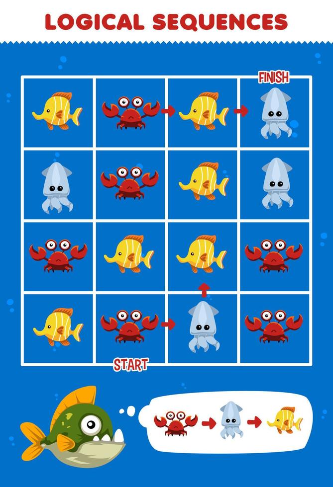 jeu éducatif pour les enfants séquence logique aide piranha à trier les calamars et les poissons du début à la fin feuille de travail sous-marine imprimable vecteur
