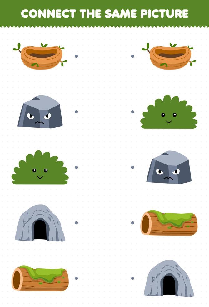 jeu d'éducation pour les enfants connecter la même image de dessin animé nid rocher brousse grotte bois bûche imprimable nature feuille de travail vecteur