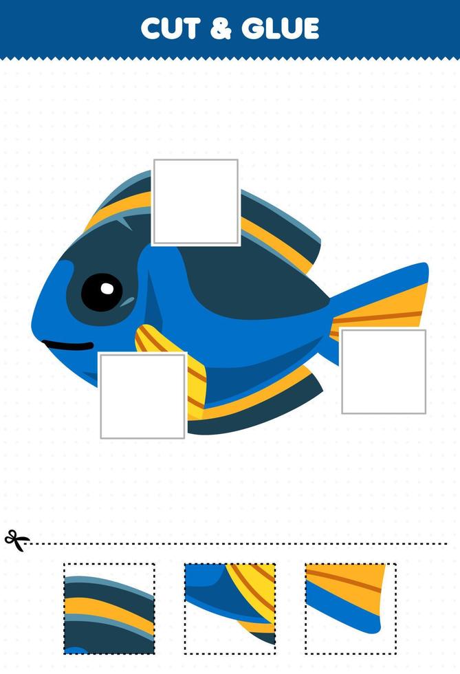 jeu éducatif pour les enfants coupez et collez des parties découpées de poisson bleu de dessin animé mignon et collez-les feuille de travail sous-marine imprimable vecteur