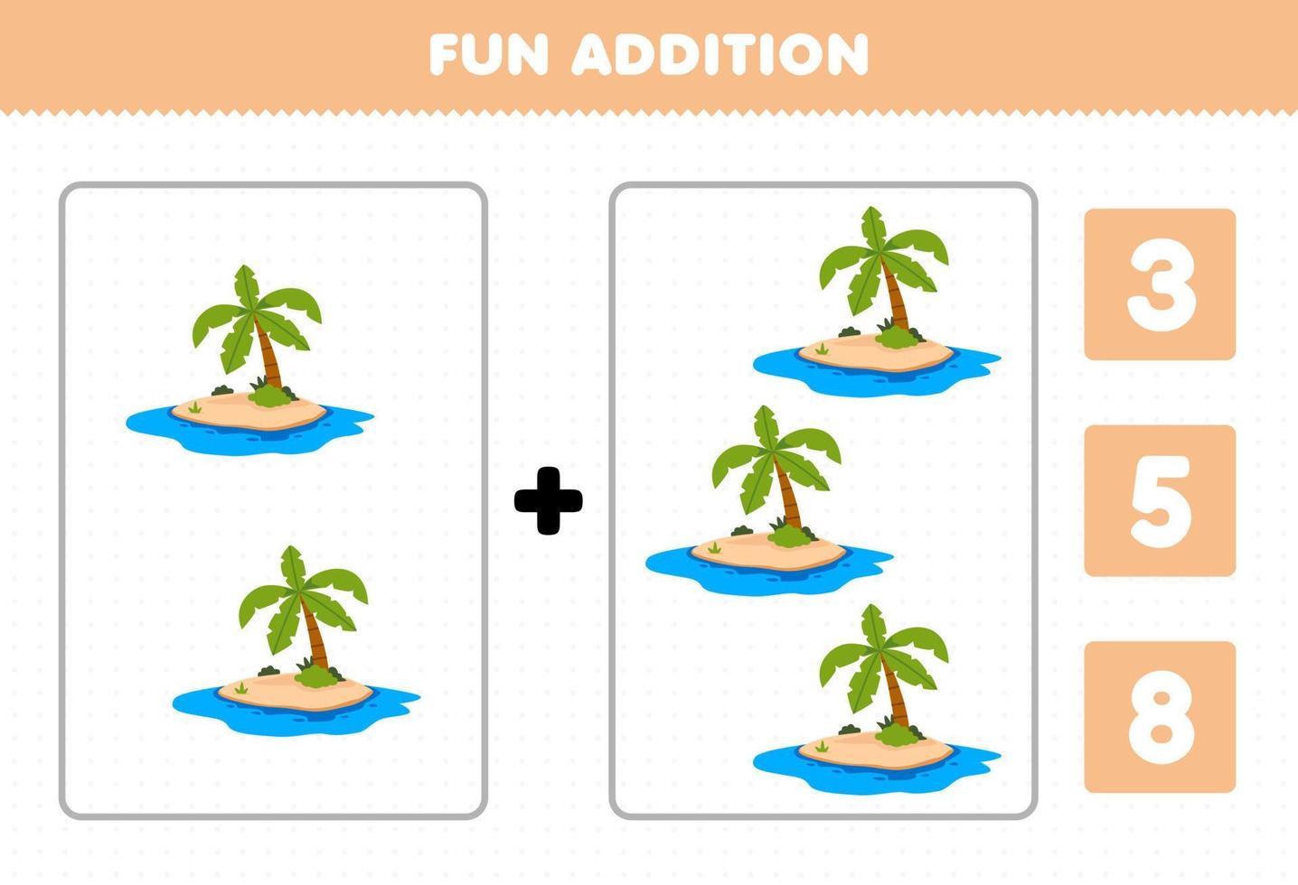jeu éducatif pour les enfants addition amusante par comptage et choisissez la bonne réponse de la feuille de travail imprimable sur la nature de l'île de dessin animé mignon vecteur
