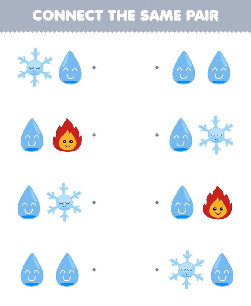 jeu éducatif pour les enfants connectez la même image de dessin animé mignon flocon de neige eau et feu feuille de travail nature imprimable vecteur