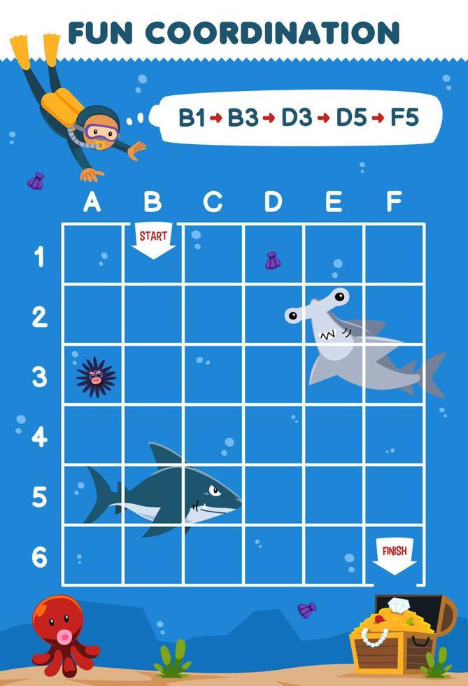 jeu éducatif pour les enfants dessinez le chemin selon les coordonnées pour aider le plongeur à se déplacer vers le coffre au trésor feuille de travail sous-marine imprimable vecteur