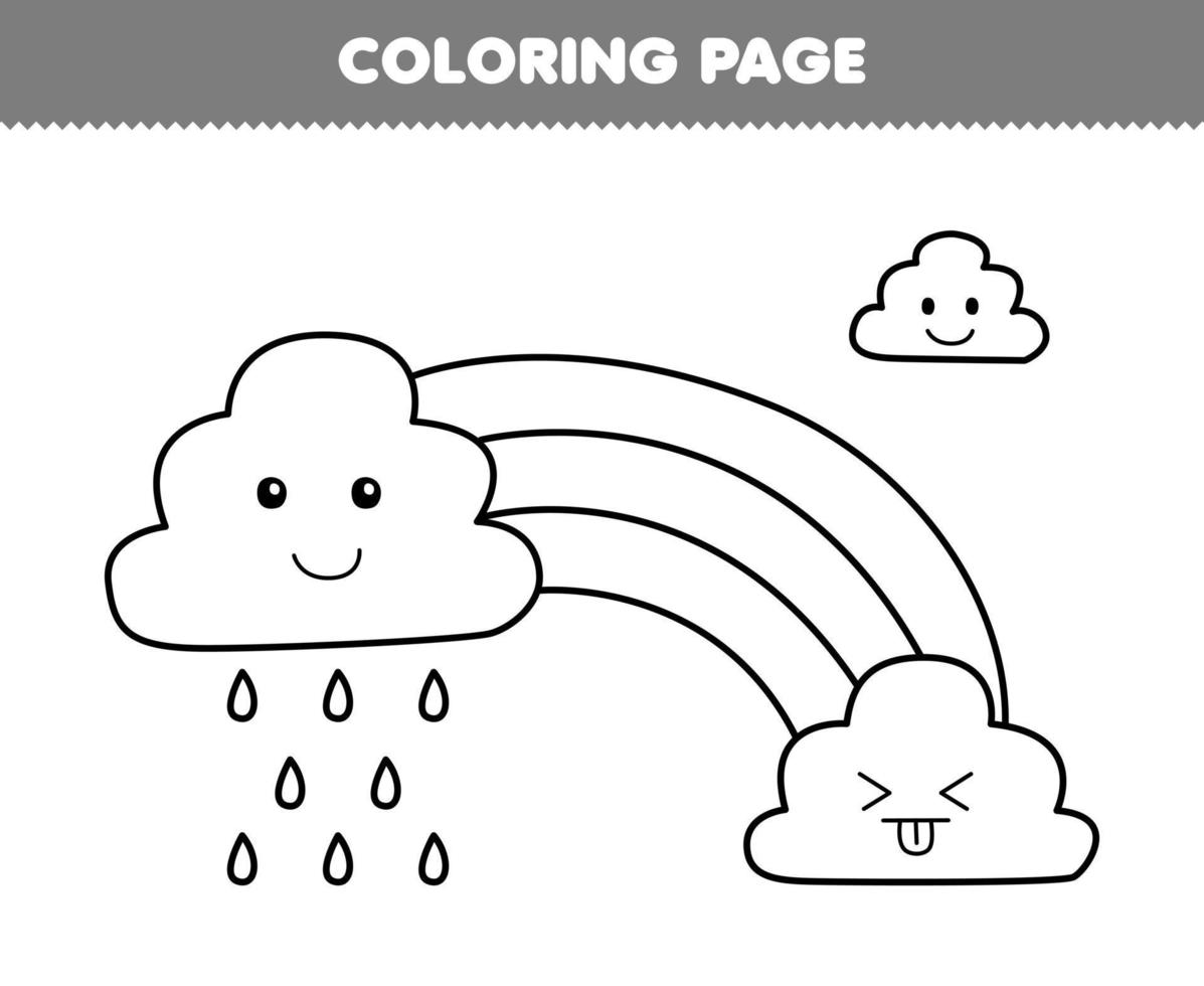 jeu d'éducation pour les enfants coloriage de dessin animé mignon arc-en-ciel et nuage avec dessin au trait de pluie feuille de travail nature imprimable vecteur