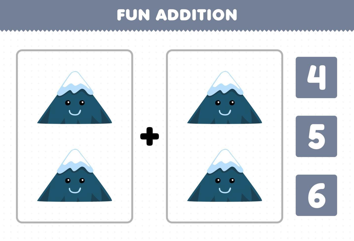 jeu éducatif pour les enfants addition amusante par comptage et choisissez la bonne réponse de la feuille de travail nature imprimable de montagne de dessin animé mignon vecteur