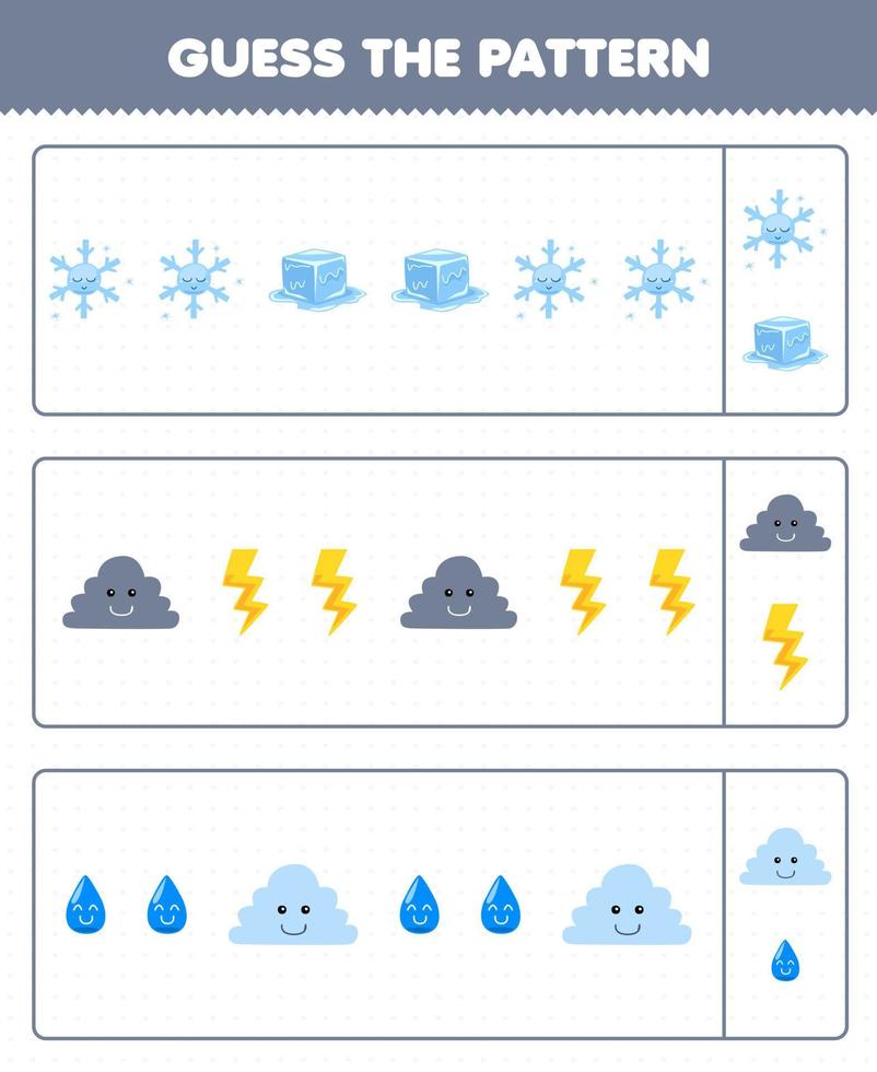 jeu éducatif pour les enfants devinez le motif chaque rangée de dessin animé mignon flocon de neige glace nuage tonnerre eau feuille de travail nature imprimable vecteur