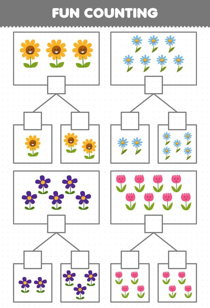 jeu éducatif pour les enfants amusant compter l'image dans chaque boîte de feuille de travail nature imprimable fleur de dessin animé mignon vecteur