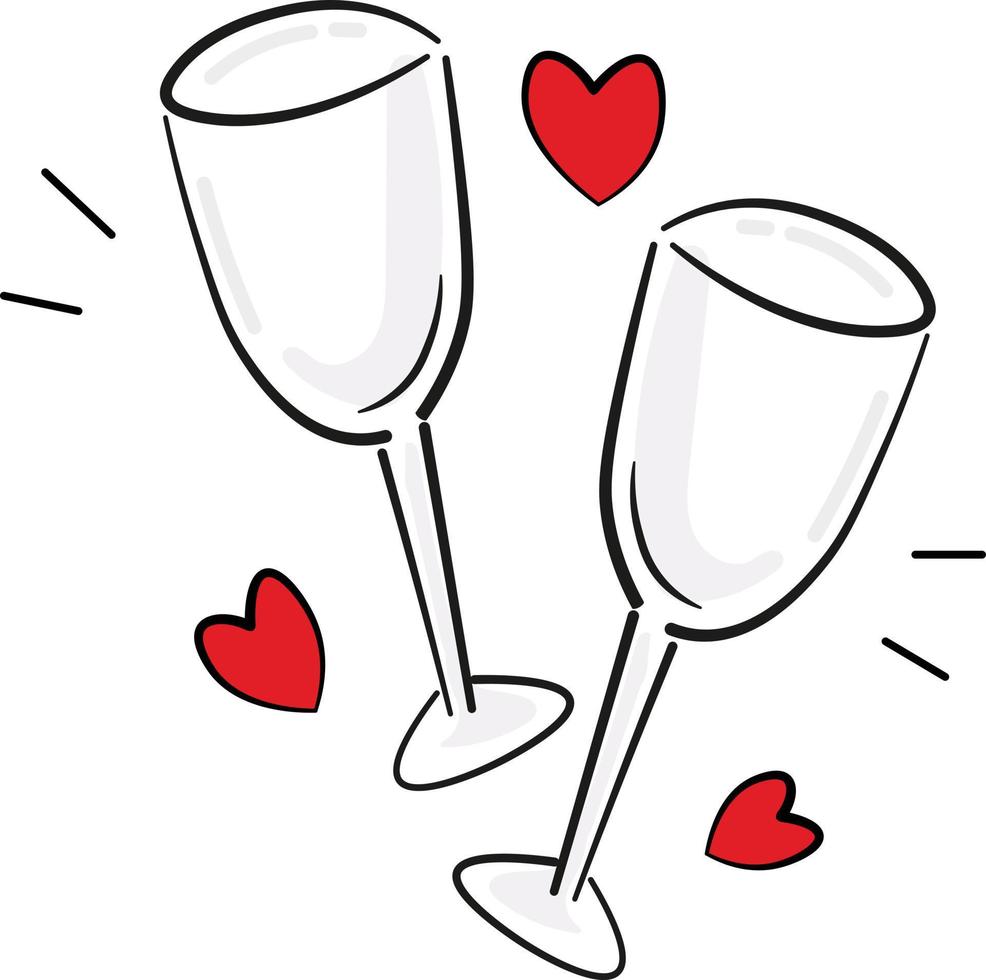 dessin au trait de verres à champagne avec de jolis petits coeurs rouges. graphique de la saint valentin vecteur