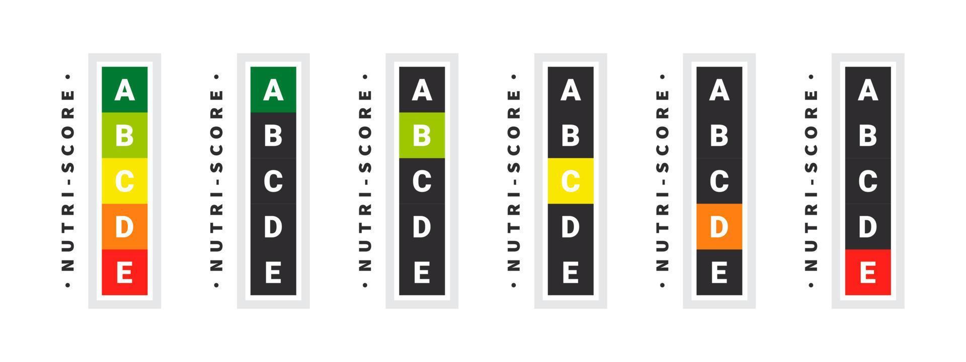 étiquettes nutritionnelles. signes du système de notation des aliments. indicateur nutritionnel des soins de santé. autocollants nutri-score. illustration vectorielle vecteur