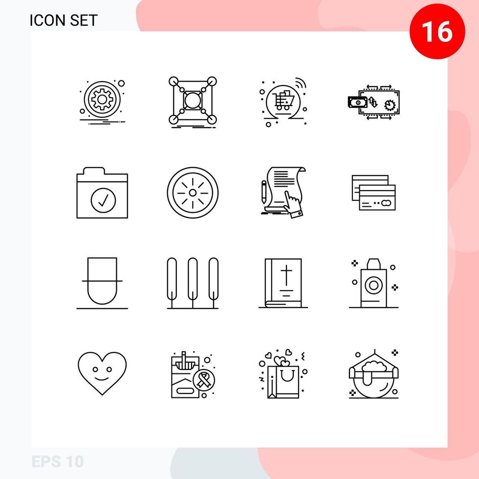 ensemble de pictogrammes de 16 contours simples d'éléments de conception vectoriels modifiables en ligne de financement de données de flux d'argent vecteur