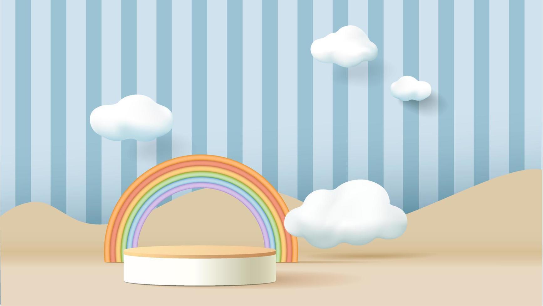 Podium 3d sur fond pastel avec nuages et arc-en-ciel mignon, affichage de produits pour enfants. vecteur