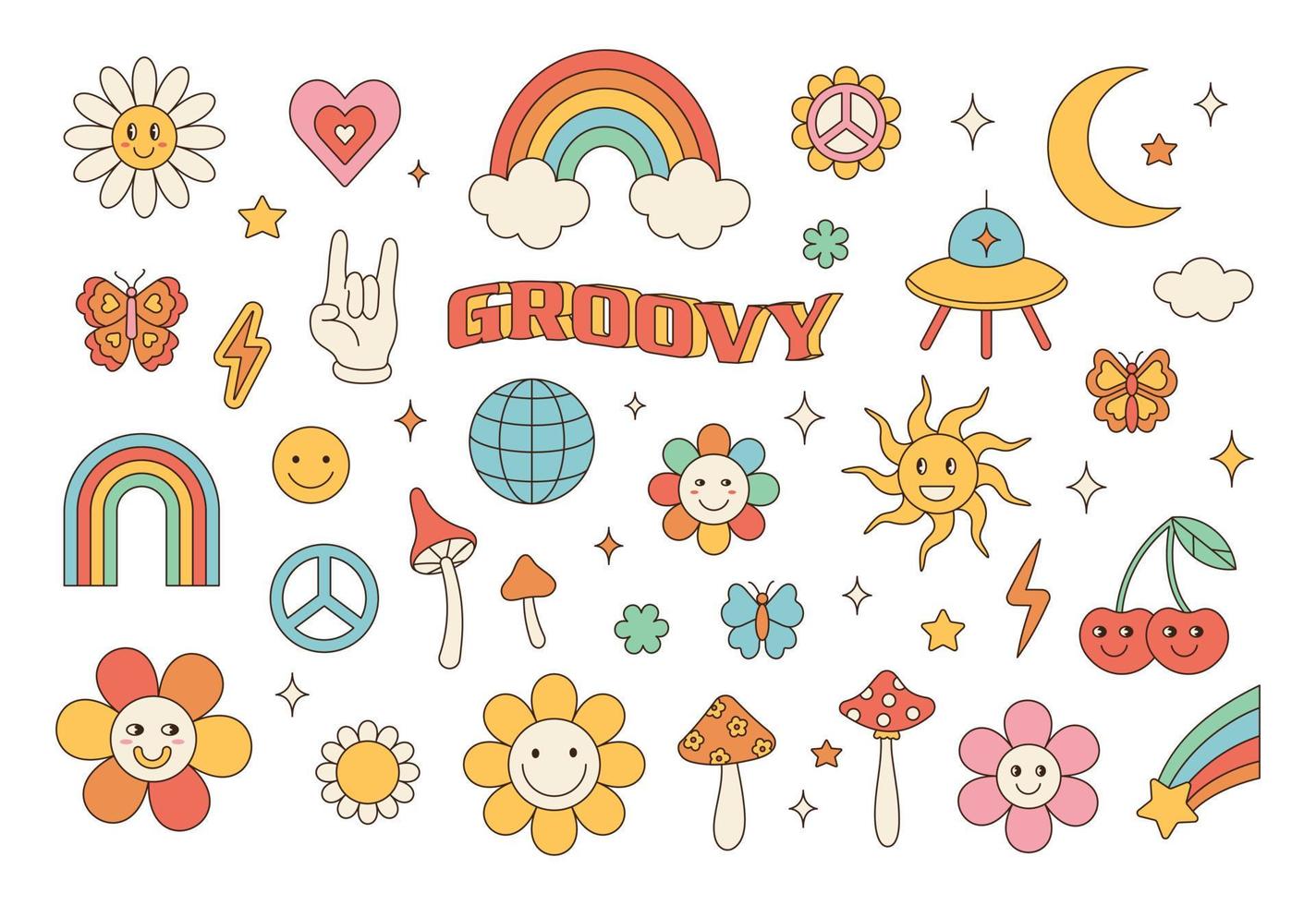 ensemble hippie groovy des années 70. fleur de dessin animé drôle, arc-en-ciel, paix, amour, coeur, marguerite, champignon, etc. pack d'autocollants dans un style de dessin animé psychédélique rétro à la mode. vecteur