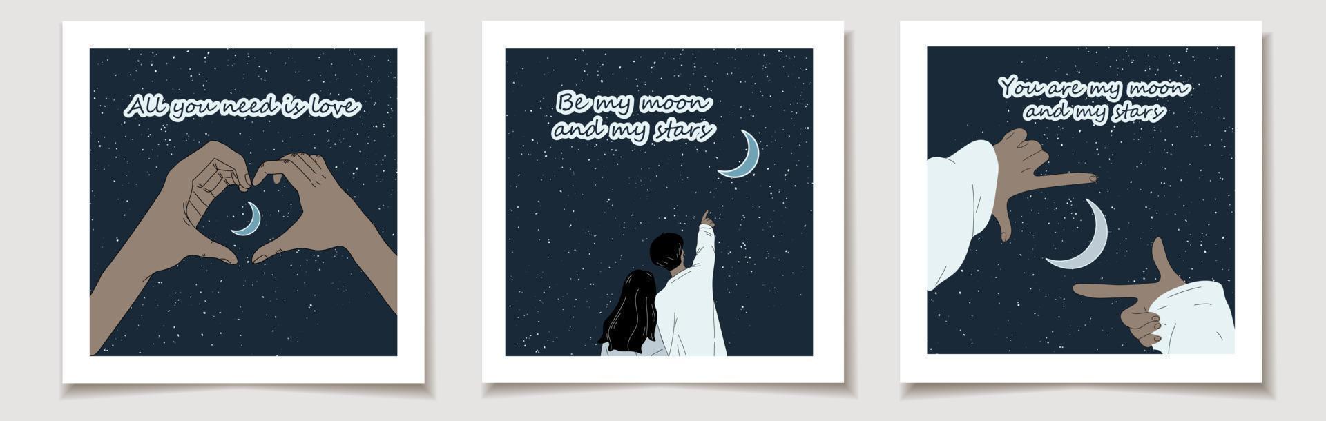 un ensemble de cartes de la saint-valentin avec un ensemble de trois mains montre le cœur la nuit au clair de lune. illustration vectorielle romantique avec silhouette de geste de la main sur fond étoilé. amour, saint valentin. vecteur