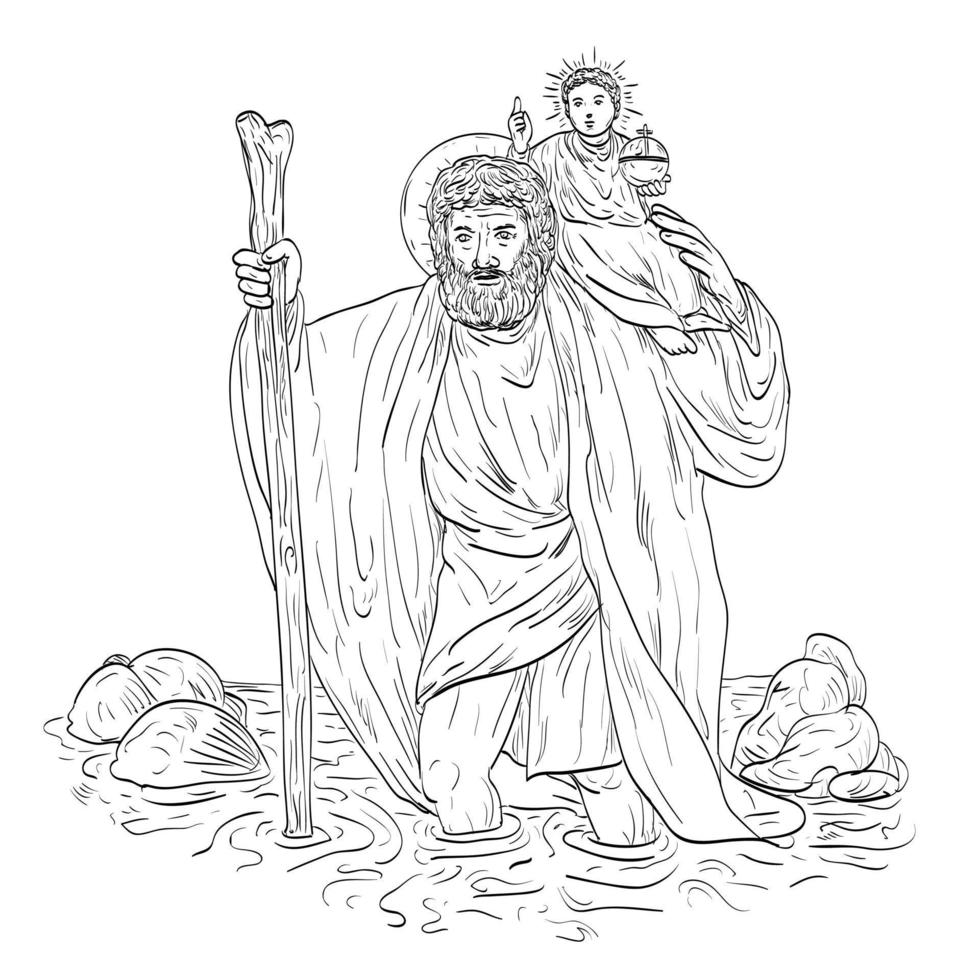 saint christophe portant l'enfant jésus traversant la rivière style médiéval dessin d'art en ligne vecteur