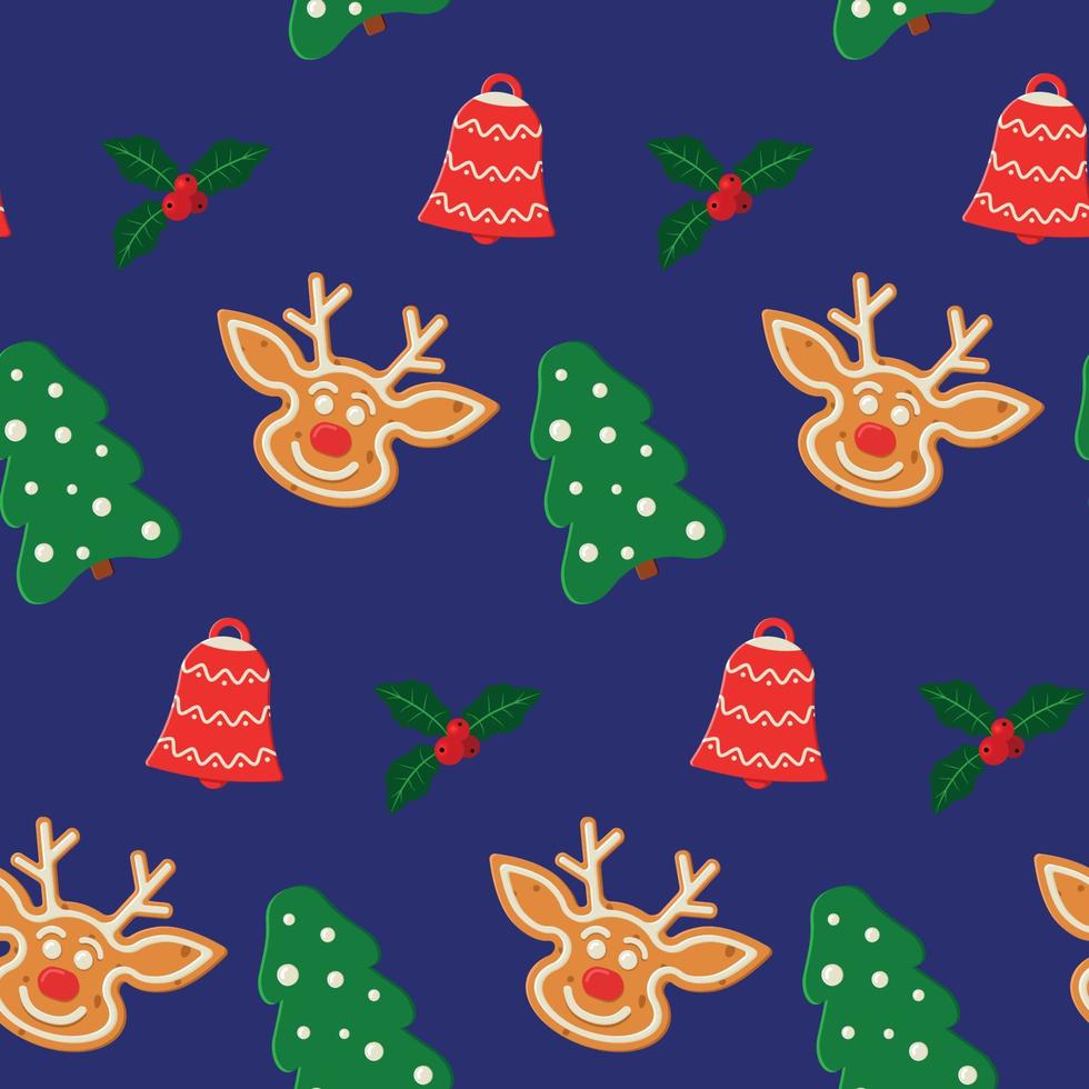 motif de noël sans couture avec biscuits au pain d'épice, arbre, cloche, gui vecteur